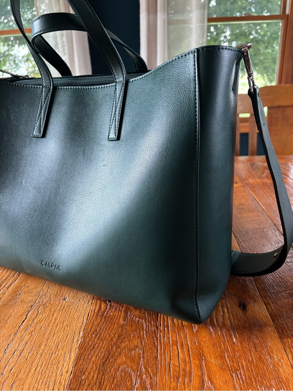 Calpak Dark Green Leather Brief Tote
